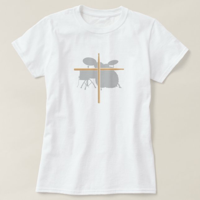 Christian Rock Drummer Drum Stick Cross Ladies T-Shirt (Design Front)