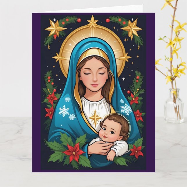 Christian Roman Catholic Virgin Mary Christmas Card (Yellow Flower)