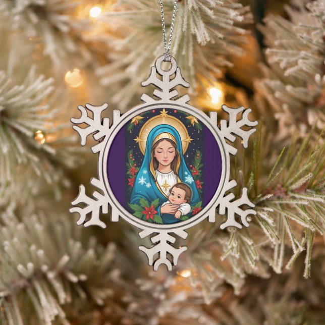 Christian Roman Catholic Virgin Mary Christmas Snowflake Pewter Christmas Ornament (Tree)
