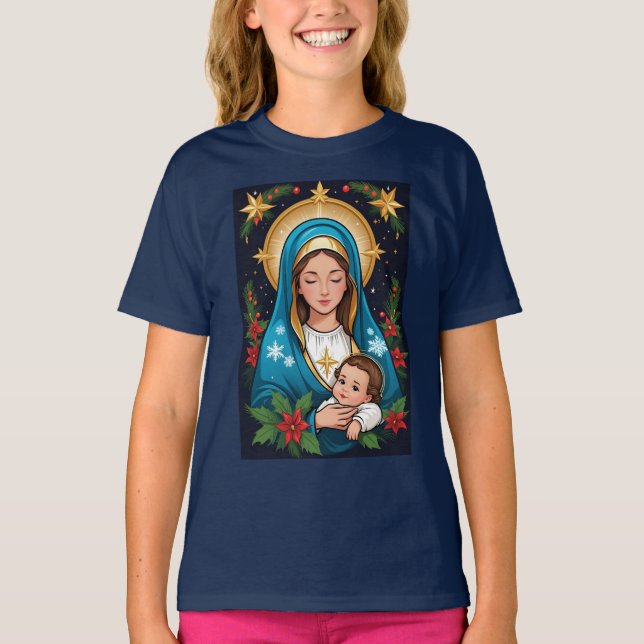 Christian Roman Catholic Virgin Mary Christmas T-Shirt (Front)