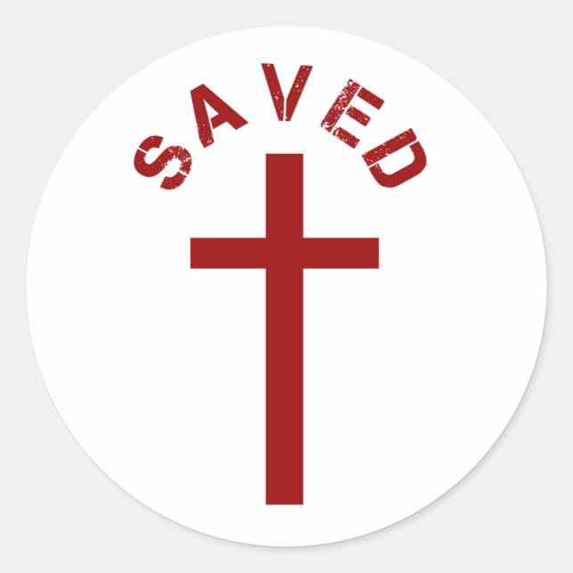 Christian Saved Red Cross and Text Design Classic Round Sticker (Front)