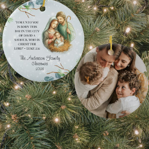 : Christian Scripture Holy Family Blue Photo Ceramic Tree Decoration