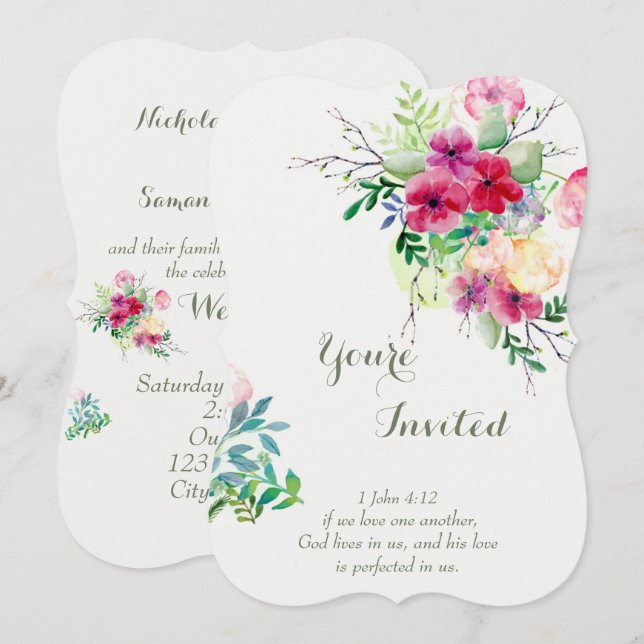 Christian Scripture Romantic  Floral Wedding Invitation (Front/Back)