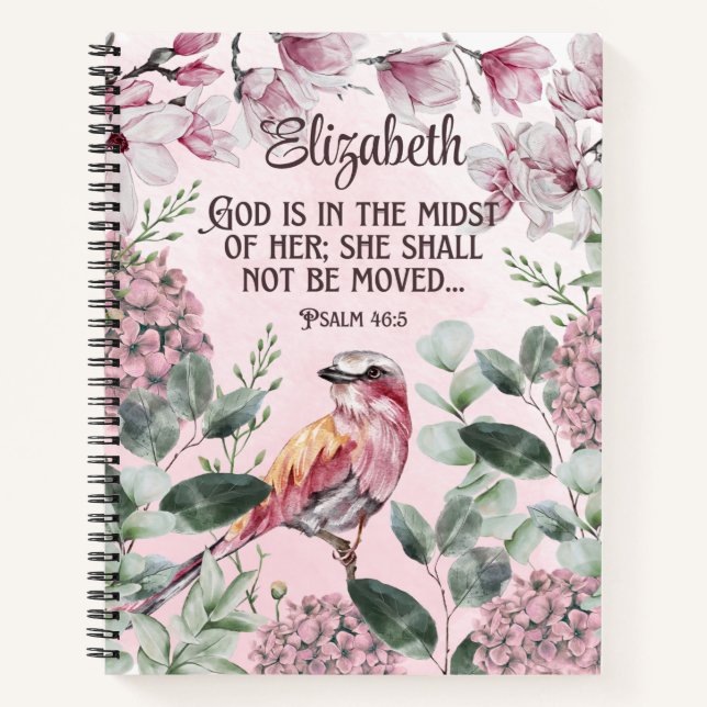 Christian Scripture Watercolor Bird Flowers Name   Notebook (Front)