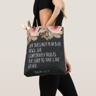 Christian She Does Not Fear Bad News Psalm 112:7 Tote Bag