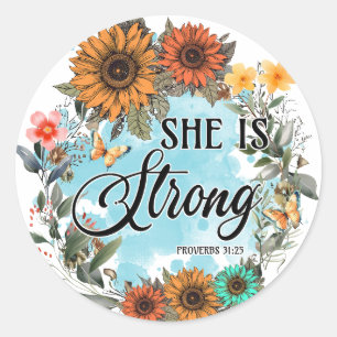 Christian She is Strong Proverbs Floral 31 :25  Classic Round Sticker