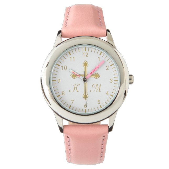 Christian Simple Gold Cross on White Monogrammed Watch (Front)