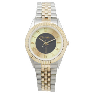 Christian simple gold cross on with monogram watch