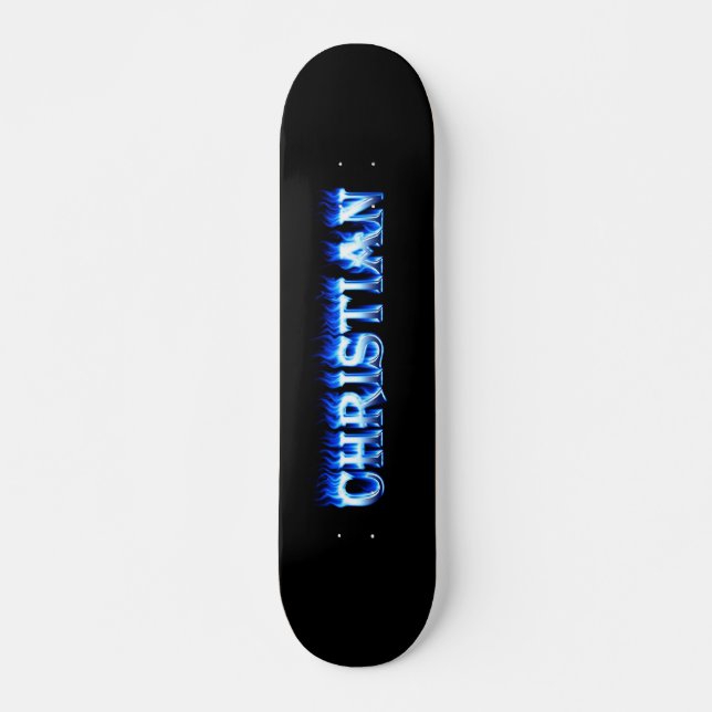 Christian skateboard blue fire and flames design (Front)
