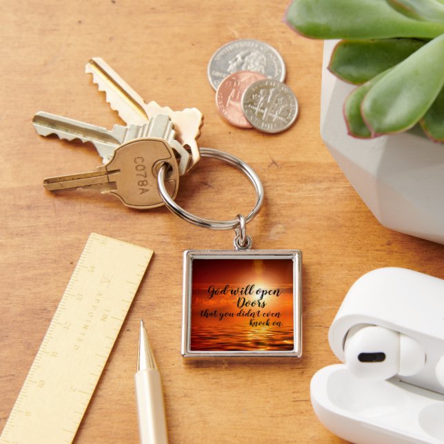 Christian Square Keychain God Opens Doors (Desk)
