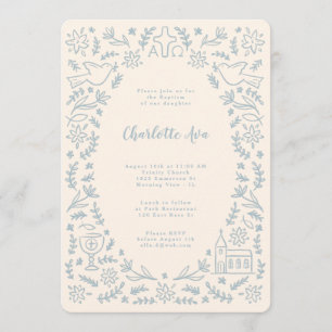 Christian Symbols Baptism Invitation Blue & Cream