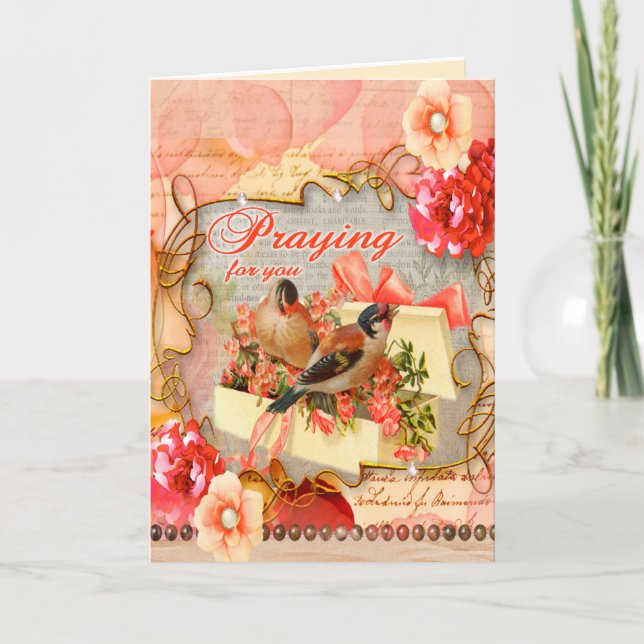 Christian Sympathy Card Birds Flowers Lace Pinks (Front)
