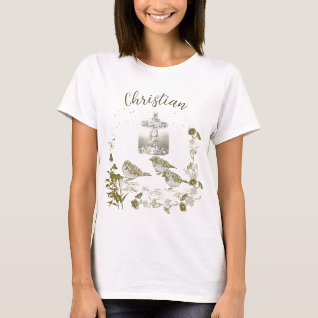 Christian T-Shirt Floral Cross w Birds & Flowers (Front)