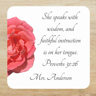 Christian Teacher Appreciation Proverbs 31:26 Rose Square Sticker