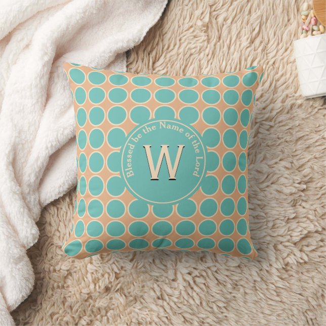 Christian Teal Peach Monogram Polka Dot Cushion (Blanket)