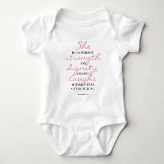 Christian typography. Proverbs 31:25. She laughs. Baby Bodysuit