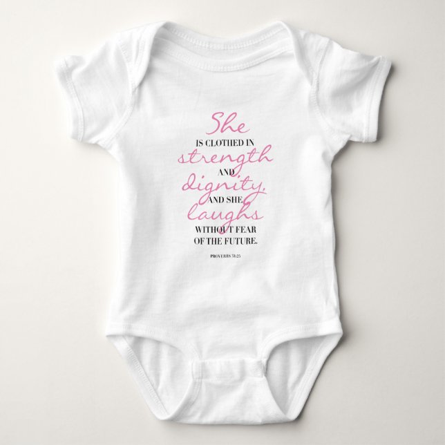 Christian typography. Proverbs 31:25. She laughs. Baby Bodysuit (Front)