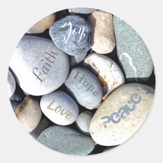 Christian Value Love Hope Faith Joy Peace Pebbles Classic Round Sticker (Front)
