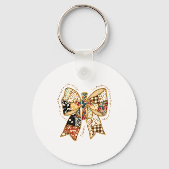 Christian Verse Bible Jesus Coquette Bow Patchwork Key Ring (Front)