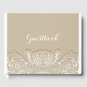 Christian Vintage Classic White Lace Taupe Wedding Guest Book
