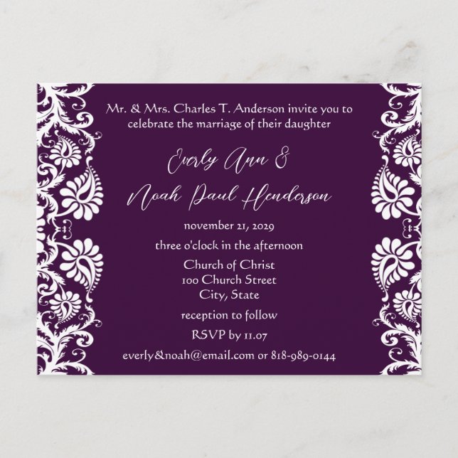 Christian Vintage Damask Wedding Invitation Purple Postcard (Front)