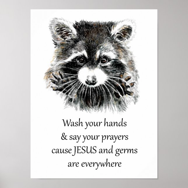 Christian Washroom Wash your Hands Raccoon Animal Poster (Front)