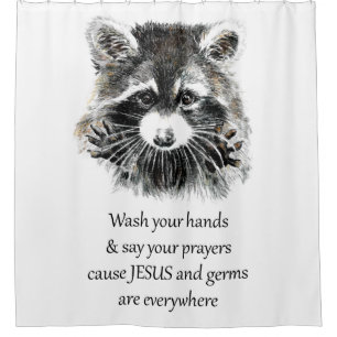 Christian Washroom Wash your Hands Racoon Animal Shower Curtain