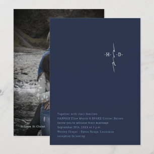 Christian Wedding Couple's Initials Cross Blue Invitation