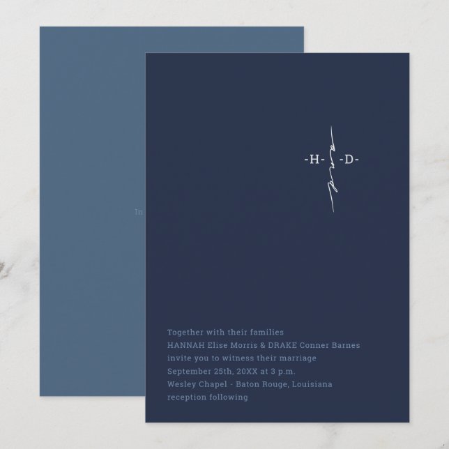 Christian Wedding | Couple's Initials Cross | Blue Invitation (Front/Back)