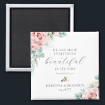 Christian Wedding Favours Bible Verse Magnet<br><div class="desc">Add a spiritual touch to your wedding favours with these elegant, Christian wedding favour magnets featuring a beautiful wreath of exquisitely hand painted, watercolor flowers and eucalyptus greenery in shades of dusty rose, pastel pink and soft green. The magnet also includes the Bible verse "He has made everything beautiful in...</div>