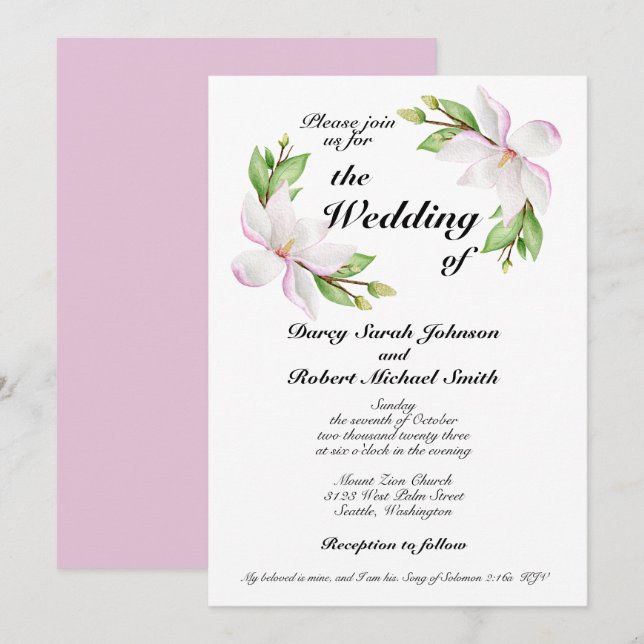 Christian Wedding Invitation Watercolor Magnolias (Front/Back)