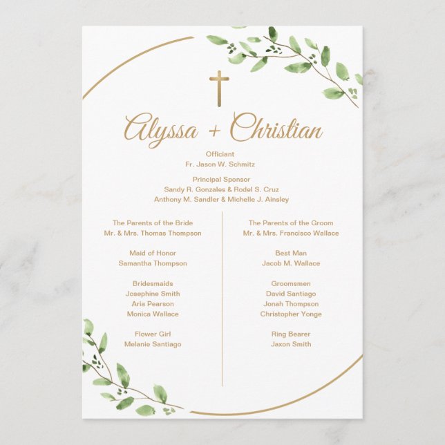 Christian Wedding Party Greenery Gold Cross  Programme (Front)