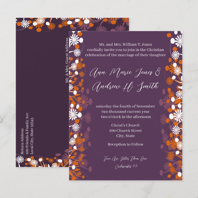 Christian Wedding Purple Terracotta Floral Blooms  Announcement Postcard (Front/Back)