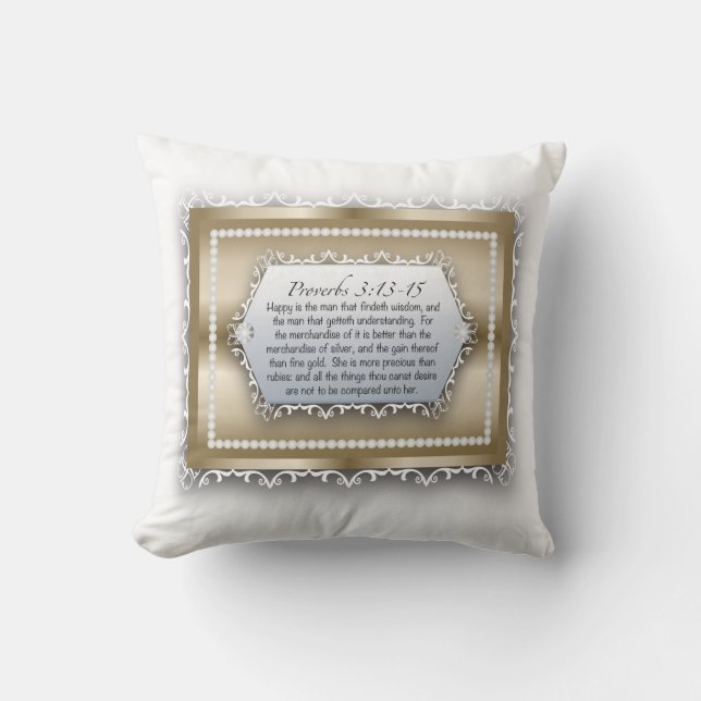 Christian Wisdom Gold Bible Quote Proverbs 3:13 Cushion (Front)