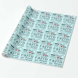 Christian Word Cloud+Red Heart/Soft Blue Wrapping Paper