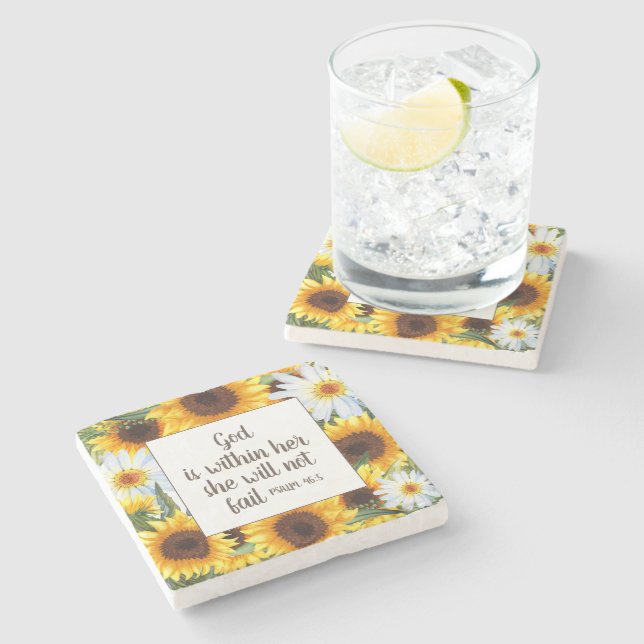 Christian Yellow Sunflowers White Daisies  Stone Coaster (Side)