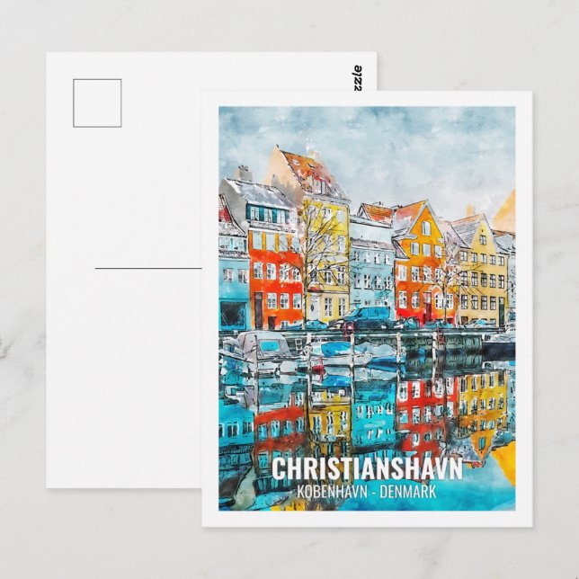 Christianshavn Kobenhavn Travel Place Watercolor Postcard (Front/Back)