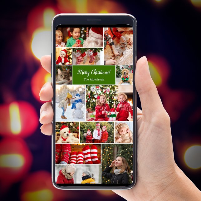 Christmas 14 Photo Collage Green Digital Email Holiday Card (Creator Uploaded)