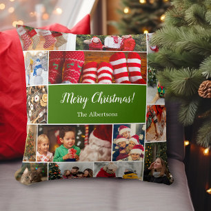 Christmas 15 Photo Collage with Family Name Green Cushion