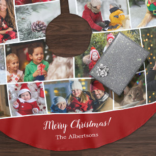 Christmas 16 Photo Collage with Family Name Red Brushed Polyester Tree Skirt
