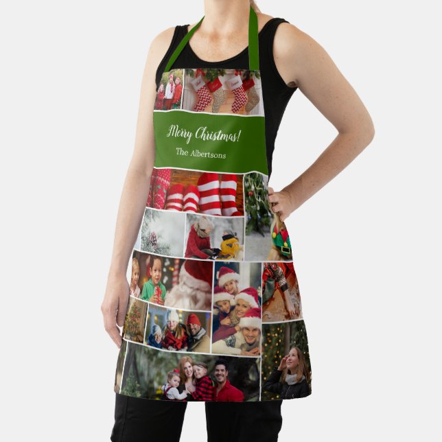 Christmas 17 Photo Collage with Family Name Green Apron (Insitu)