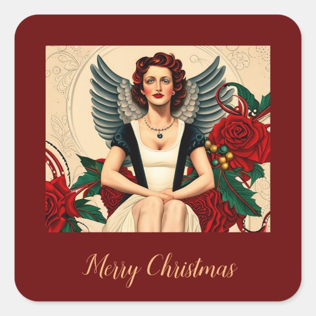 Christmas 1940's Angel Square Sticker (Front)