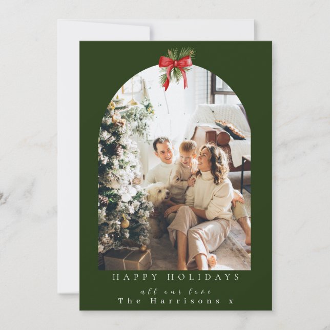 Christmas 1 Photo Arch Foliage Red Bow Holiday Card (Front)