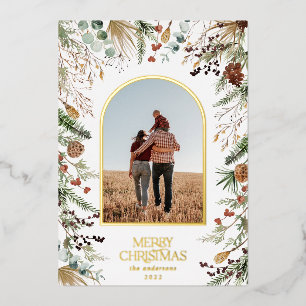 Christmas 1 photo arch watercolor botanical floral foil holiday card