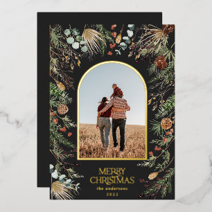 Christmas 1 photo arch watercolor botanical floral foil holiday card