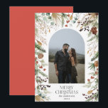 Christmas 1 photo arch watercolor botanical floral holiday card<br><div class="desc">Merry Christmas modern elegant watercolor dried botanical floral muted colours holiday arch 1 photo Christmas card. Red backer</div>