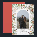 Christmas 1 photo arch watercolor botanical floral holiday card<br><div class="desc">Merry Christmas modern elegant watercolor dried botanical floral muted colours holiday arch 1 photo Christmas card. Red backer</div>