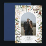 Christmas 1 photo arch watercolor botanical floral holiday card<br><div class="desc">Mery Christmas modern elegant watercolor dried botanical floral muted colours holiday arch 1 photo Christmas card. Navy blue backer.</div>