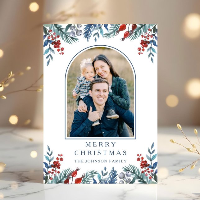 Christmas 1 Photo Arch Watercolor Botanical Holiday Card (Christmas 1 Photo Arch Watercolor Botanical Holiday Card)
