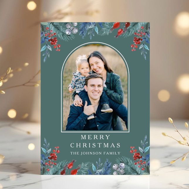 Christmas 1 Photo Arch Watercolor Botanical Holiday Card (Christmas 1 Photo Arch Watercolor Botanical Holiday Card)